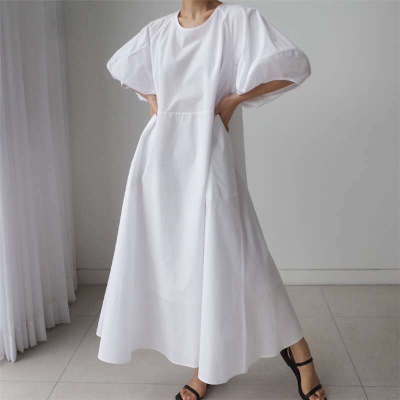 Damen Luftiges Baumwoll‑Poplin Maxi‑Kleid mit voluminösen Puffärmeln, A‑Linien‑Silhouette und Seitentaschen – Valéora