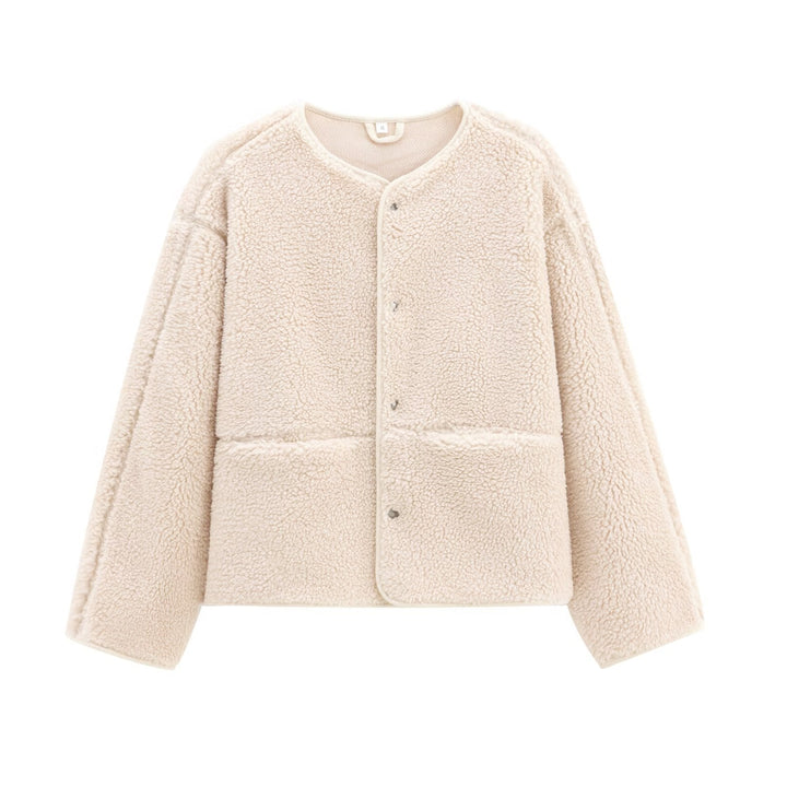 Damen Teddyfleece-Jacke, Rundhalsausschnitt, schlicht