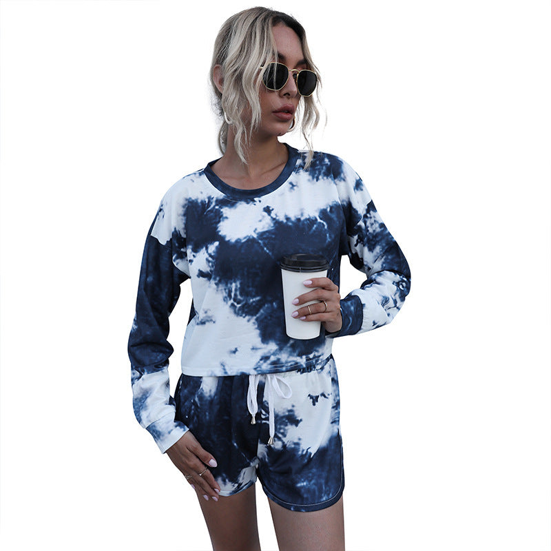 Damen Zweiteiliges Lounge-Set aus Baumwollmix mit Batik-Print, Cropped Sweatshirt & Elastik-Shorts Echoarchiv