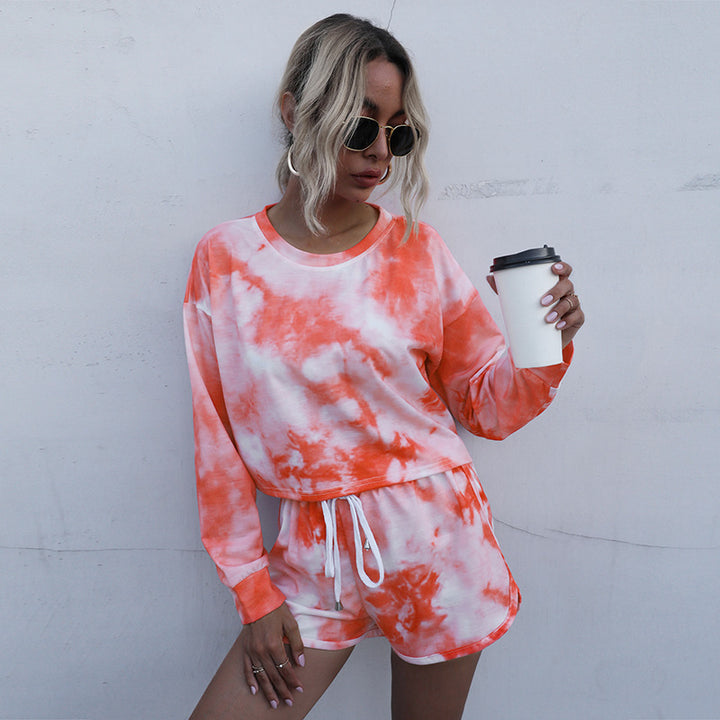 Damen Zweiteiliges Lounge-Set aus Baumwollmix mit Batik-Print, Cropped Sweatshirt & Elastik-Shorts Echoarchiv