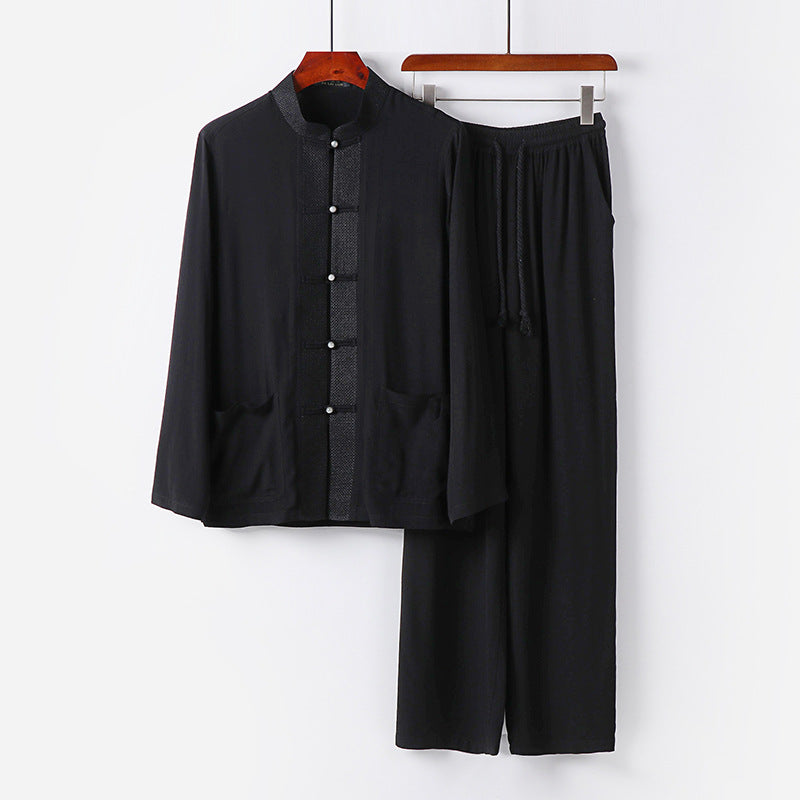 Herren Traditionelles Baumwoll-Loungewear-Set mit Stehkragen Knotenknöpfen und Kordelbundhose Echoarchiv