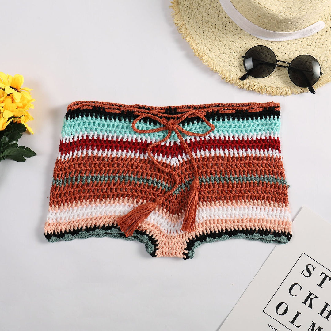 Damen Häkelstrandshorts mit verstellbarem Bund und einzigartigem Streifenmuster Echo Archiv