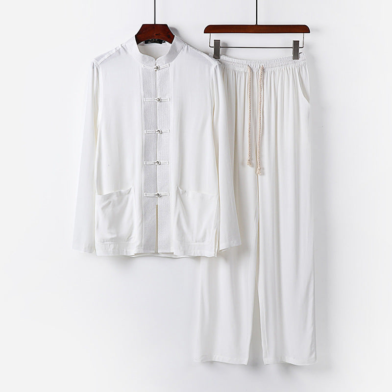 Herren Traditionelles Baumwoll-Loungewear-Set mit Stehkragen Knotenknöpfen und Kordelbundhose Echoarchiv