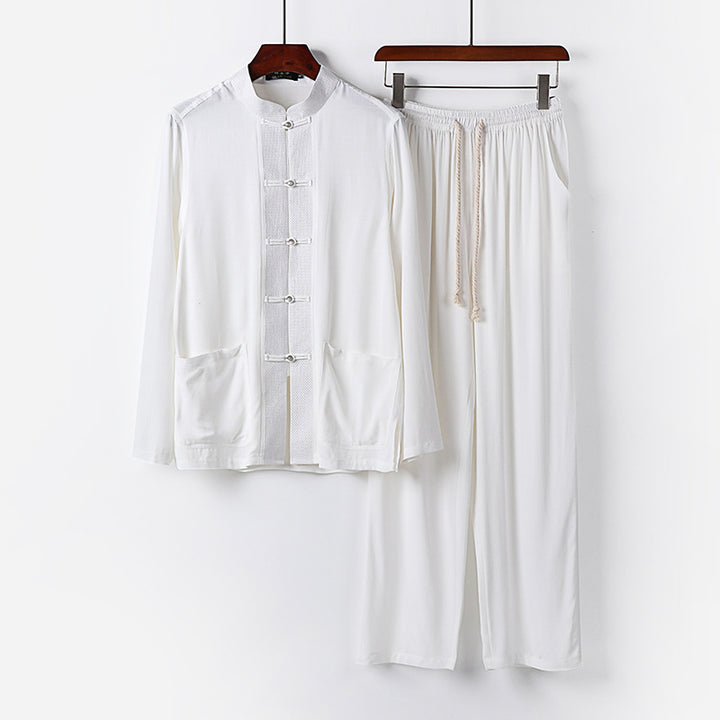 Herren Traditionelles Baumwoll-Loungewear-Set mit Stehkragen Knotenknöpfen und Kordelbundhose Echoarchiv