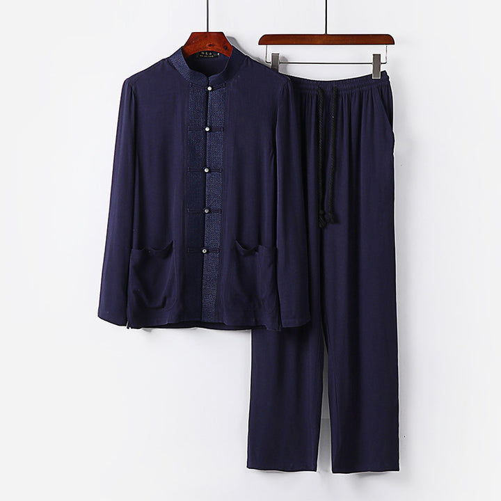 Herren Traditionelles Baumwoll-Loungewear-Set mit Stehkragen Knotenknöpfen und Kordelbundhose Echoarchiv