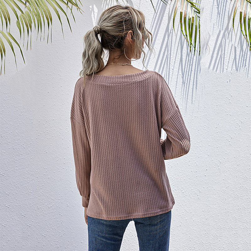 Damen Lockeres Waffelstrick-Longsleeve mit V-Ausschnitt und gerippten Bündchen Echoarchiv