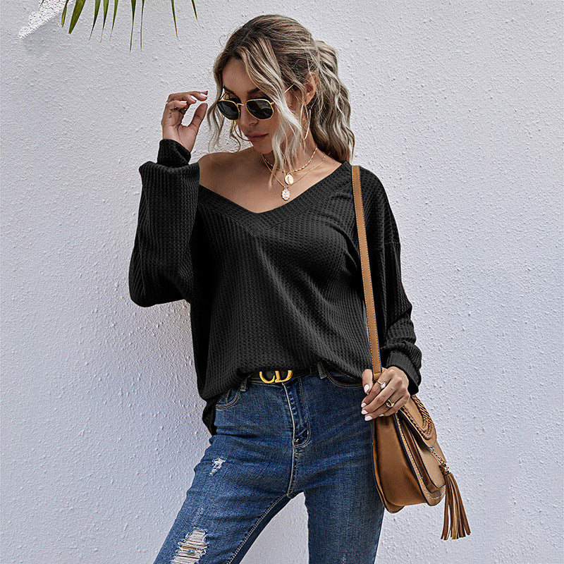 Damen Waffelstrick-Longsleeve mit V-Ausschnitt und überschnittener Schulter – Mavelle