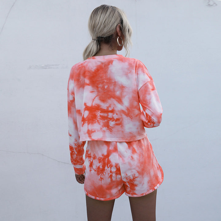 Damen Zweiteiliges Lounge-Set aus Baumwollmix mit Batik-Print, Cropped Sweatshirt & Elastik-Shorts Echoarchiv