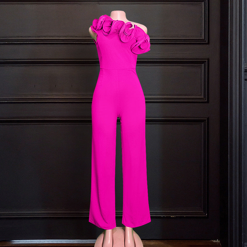 Damen eleganter Jumpsuit mit asymmetrischem Schnitt und voluminösen Rüschendetails Echo Archiv