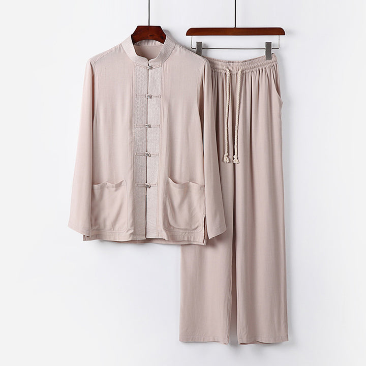 Herren Traditionelles Baumwoll-Loungewear-Set mit Stehkragen Knotenknöpfen und Kordelbundhose Echoarchiv