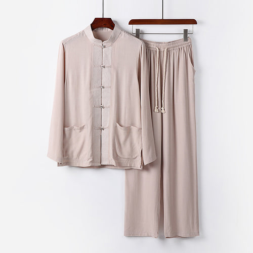 Herren Traditionelles Baumwoll-Loungewear-Set mit Stehkragen Knotenknöpfen und Kordelbundhose Echoarchiv