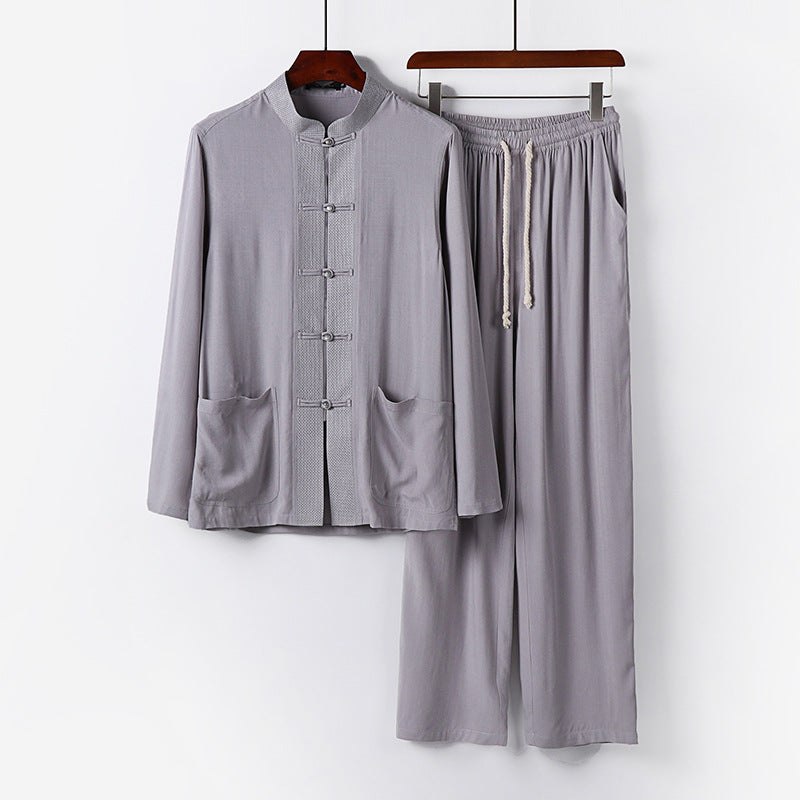 Herren Traditionelles Baumwoll-Loungewear-Set mit Stehkragen Knotenknöpfen und Kordelbundhose Echoarchiv