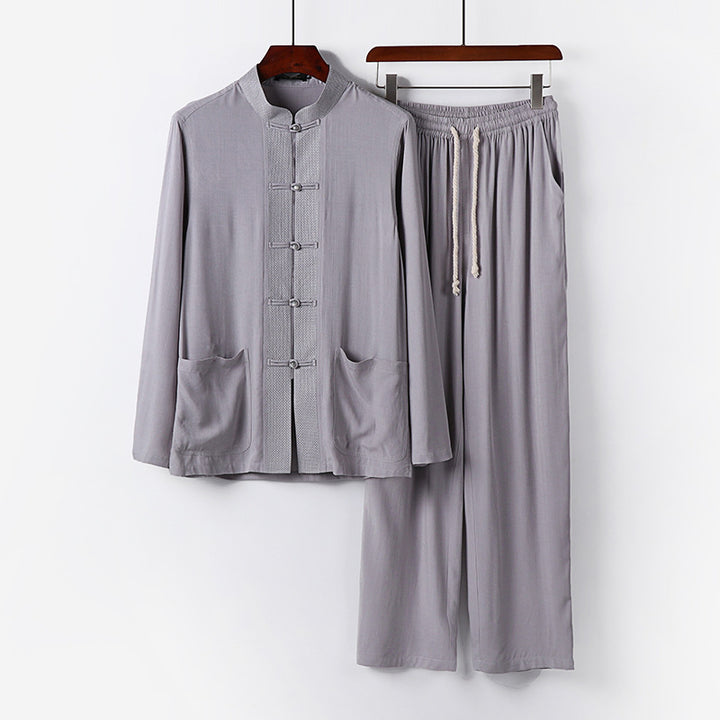 Herren Traditionelles Baumwoll-Loungewear-Set mit Stehkragen Knotenknöpfen und Kordelbundhose Echoarchiv
