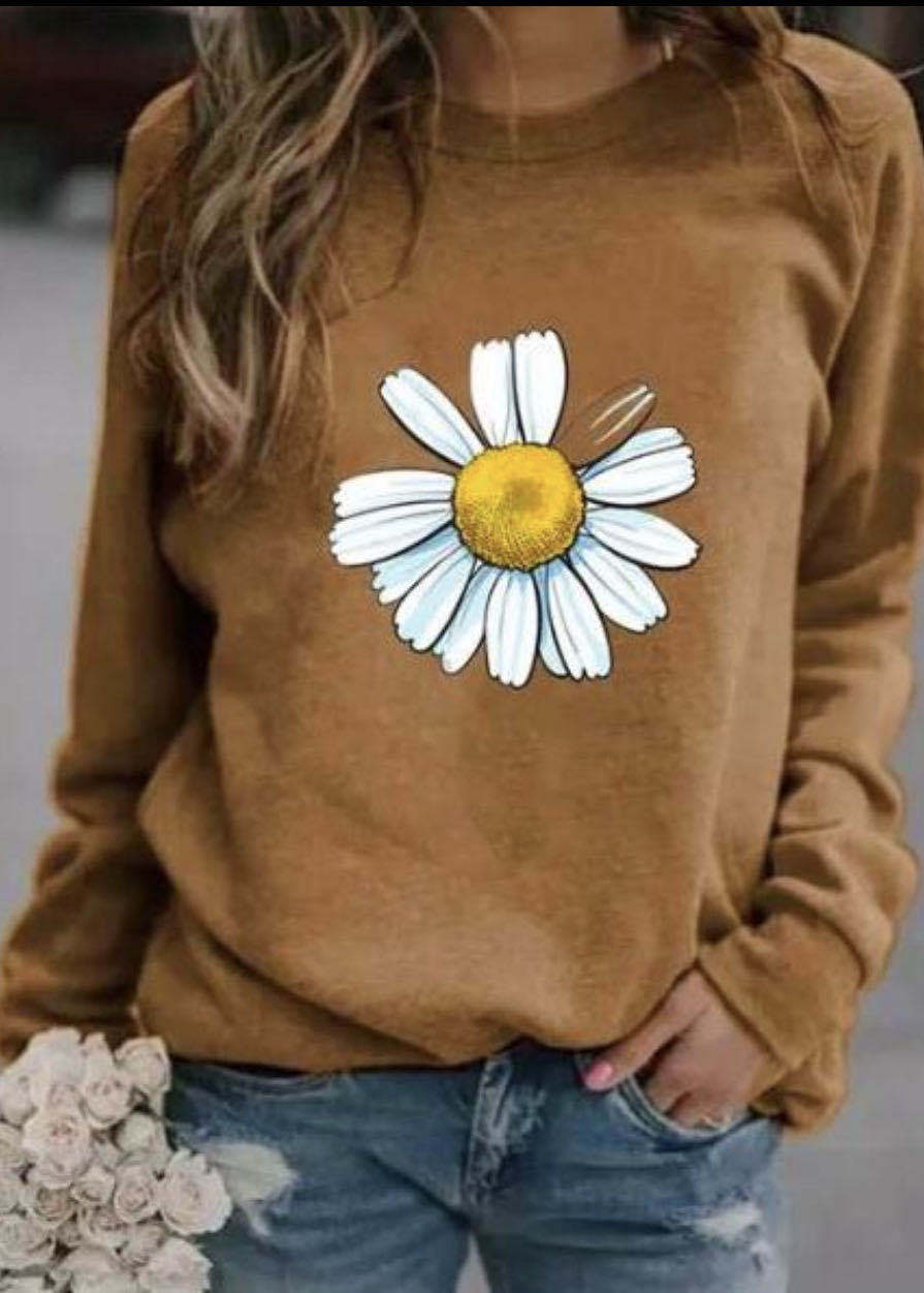 Damen Sweatshirt mit großem Gänseblümchen‑Print, Rundhalsausschnitt und lässigem Oversize‑Schnitt – Avérine