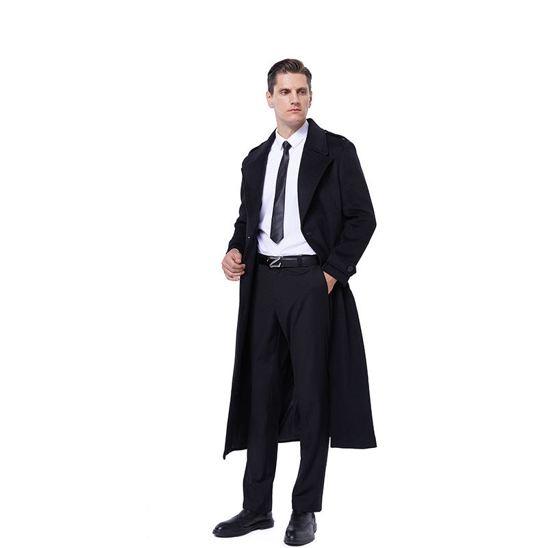 Herren Maxilanger Mantel aus Wollmix mit Bindegürtel, Epauletten und klassischem Revers Echoarchiv