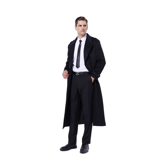 Herren Maxilanger Mantel aus Wollmix mit Bindegürtel, Epauletten und klassischem Revers Echoarchiv