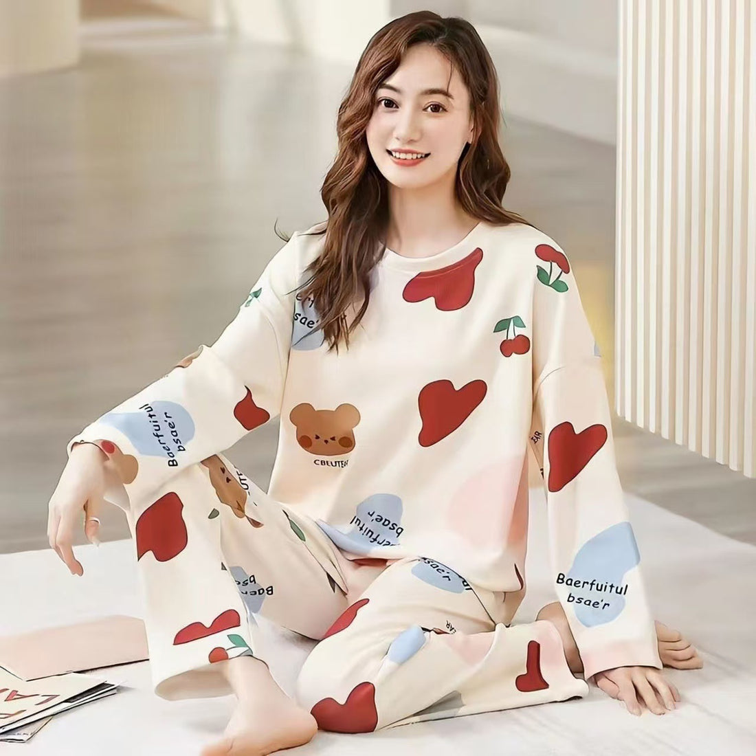 Damen-Pyjama-Set, Langarm, Rundhalsausschnitt, verschiedene Designs