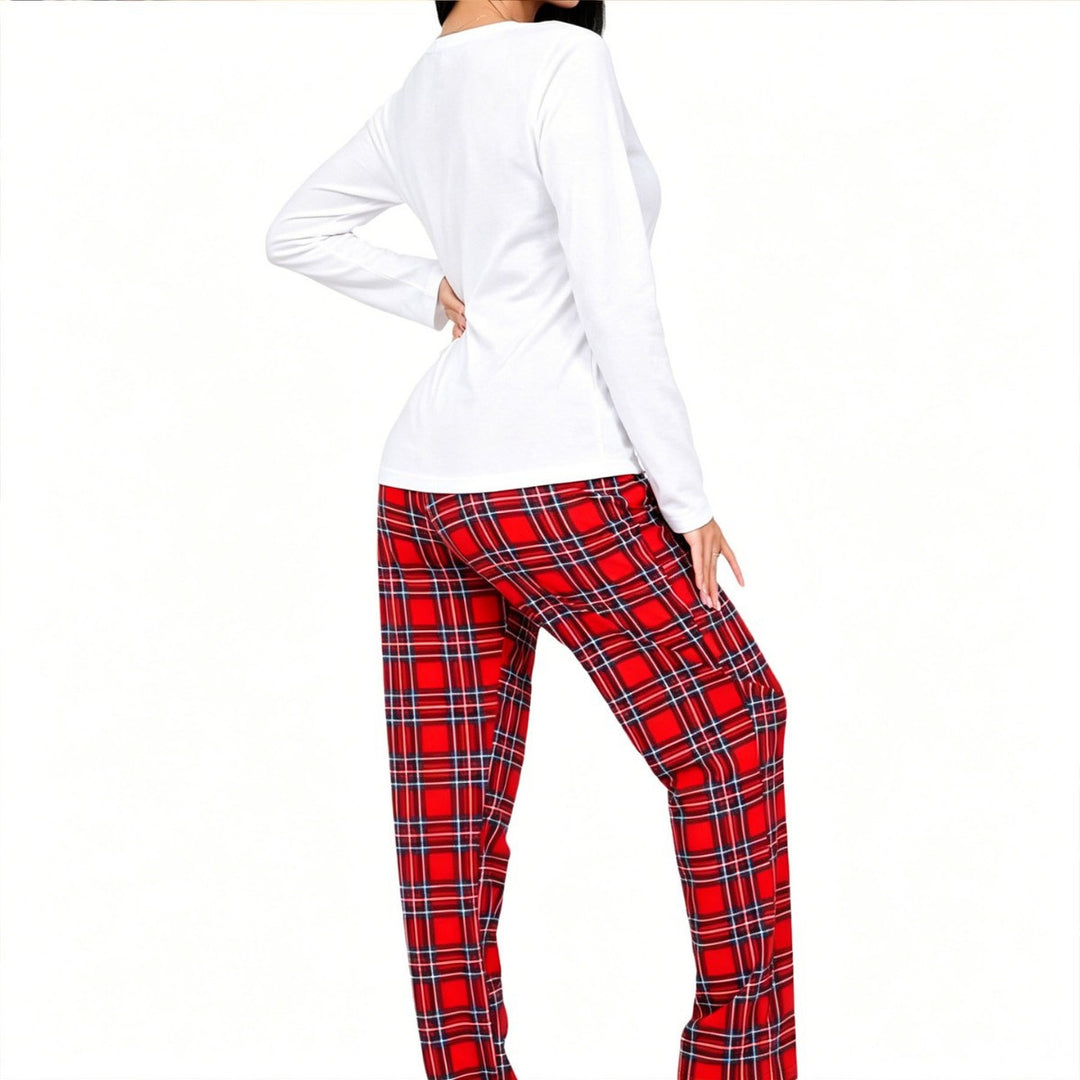 Damen-Pyjama-Set, Langarm, Karierte Hose, Weihnachtsmotiv