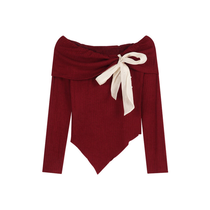 Schulterfreier Strickpullover mit Schleife, Langarm