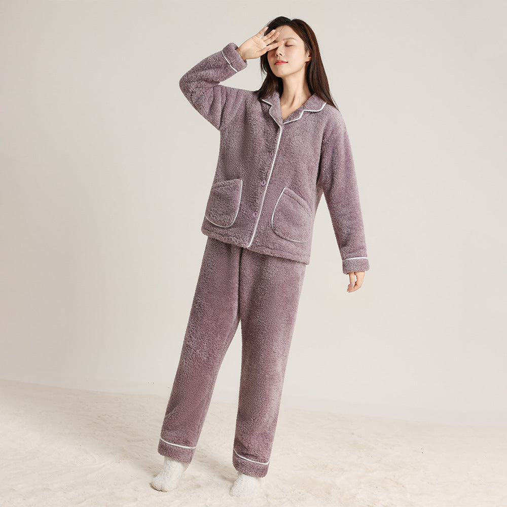 Warmes Korallenfleece-Schlafanzug-Set für Paare mit Taschen