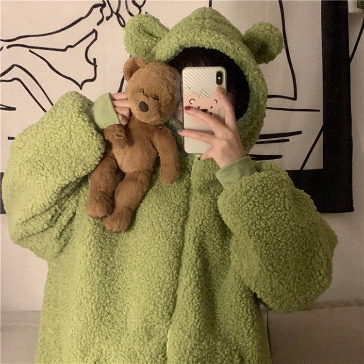 Flauschige Damenjacke mit Kapuze und Ohren-Applikation