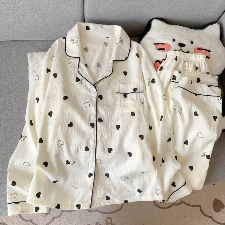 Damen Schlafanzug-Set, Langarm, Baumwoll-Mix, Cartoon-Muster