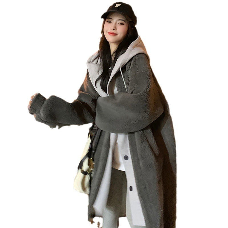 Lange Damen-Kapuzenjacke aus Lammfleece-Imitat