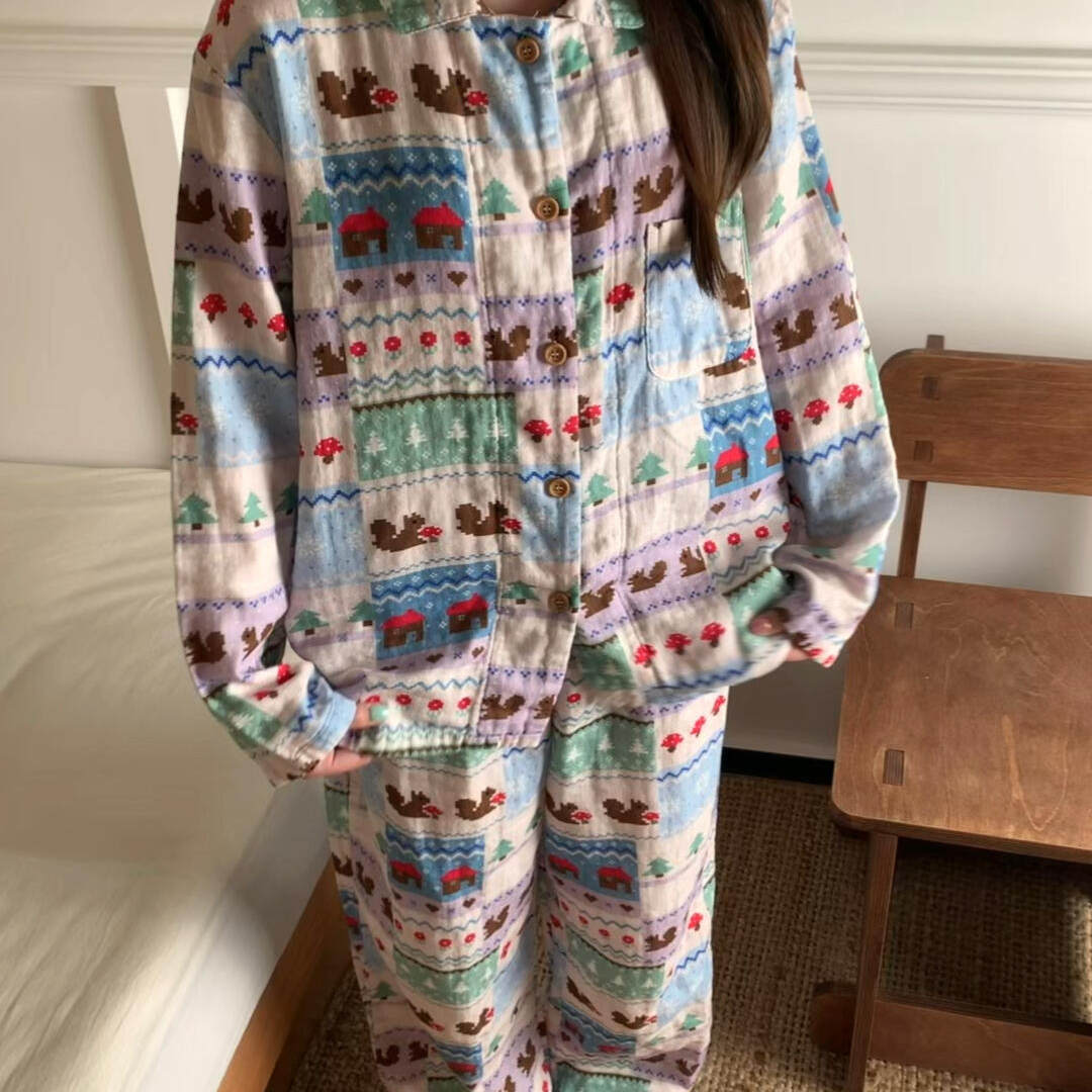 Damen-Pyjama-Set, langärmelig, mit Hütten-Druck