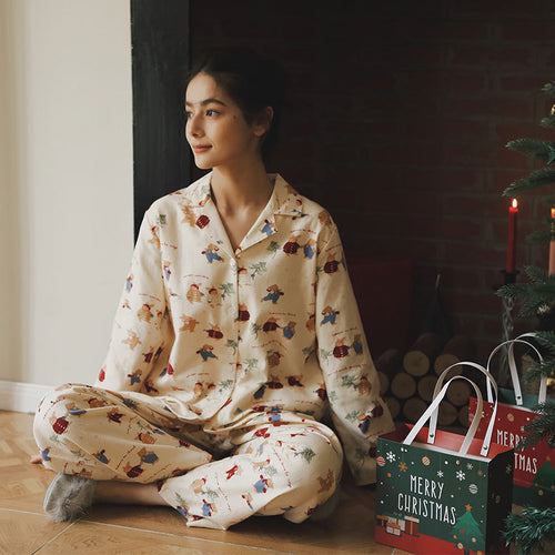 Damen-Pyjama-Set, Baumwolle, gebürstet, Weihnachts-Hasen-Druck