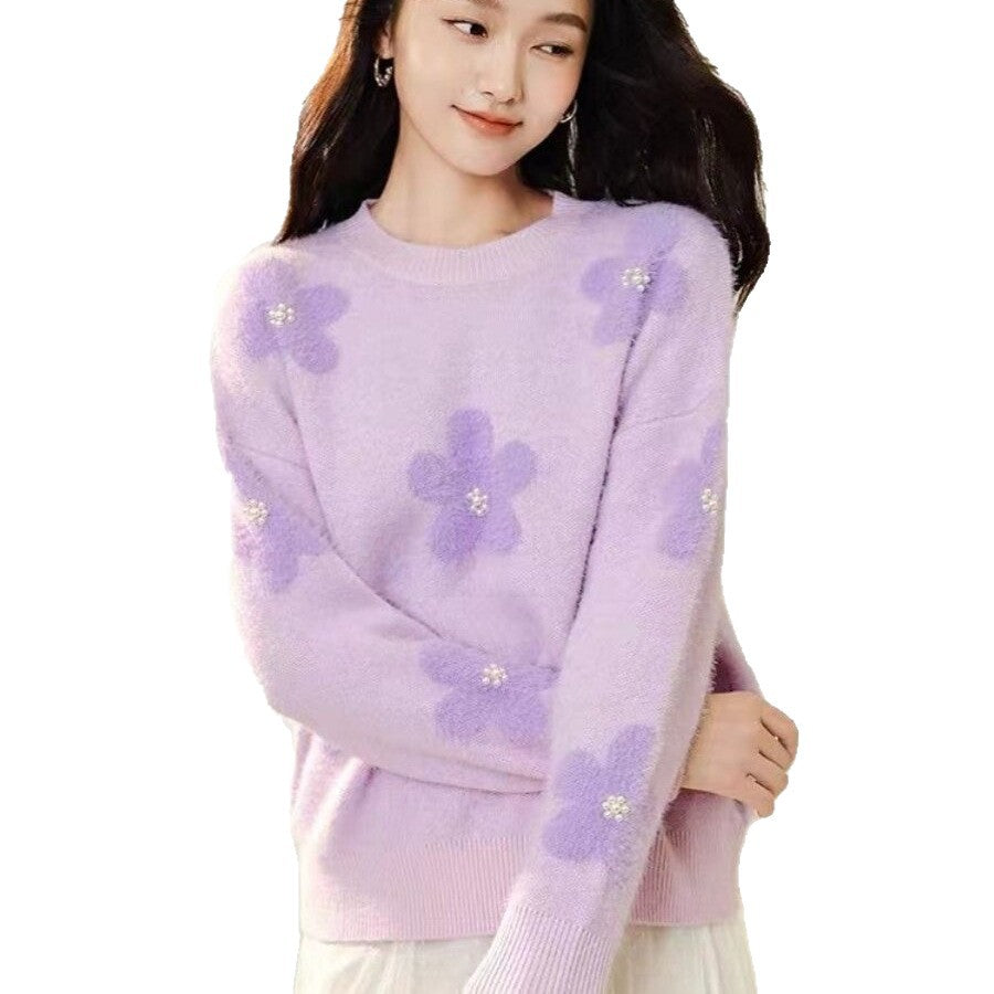 Damen-Strickpullover mit Blumenmuster und Perlenbesatz