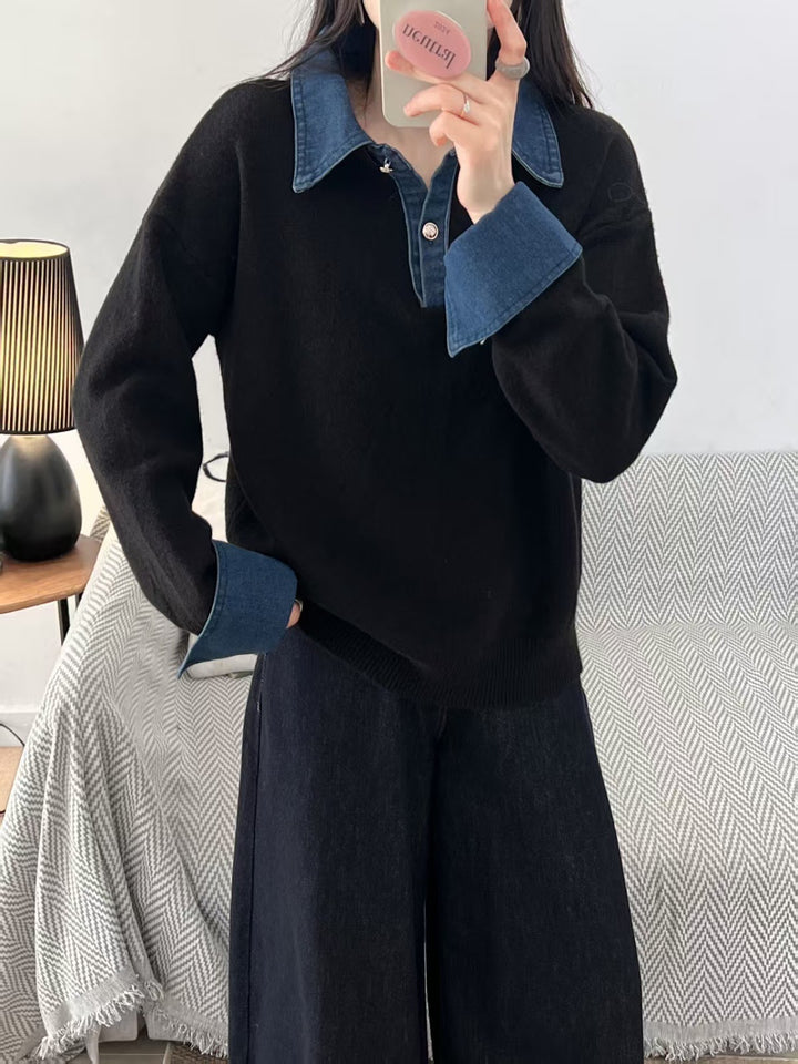 Damen-Strickpullover mit Polo-Kragen und Jeans-Ärmeln