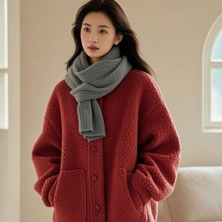 Lammfleece-Mantel für Damen, lockere Passform