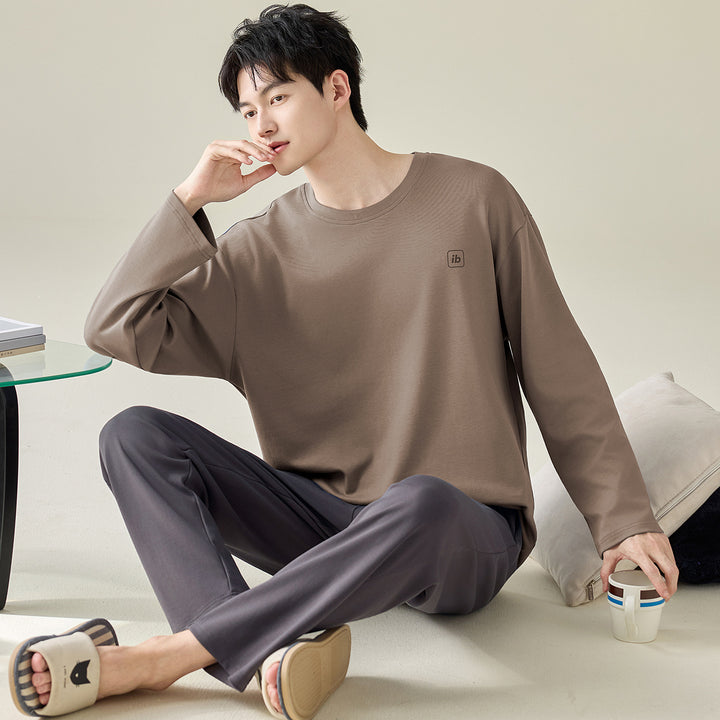 Herren-Pyjama-Set, 100% Baumwolle, Langarm, modern
