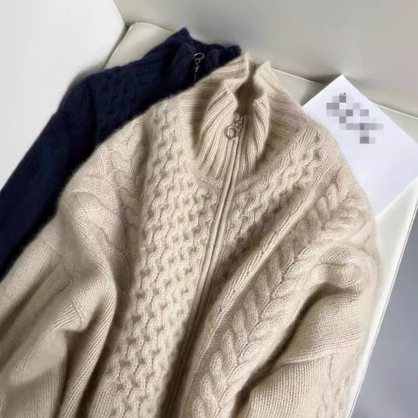 Damen-Wollstrickjacke, hochgeschlossen, mit Reißverschluss, Zopfmuster