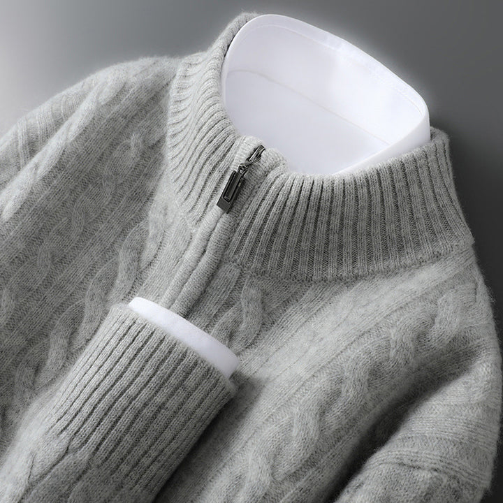 Herren-Wollpullover, 100% Wolle, Reißverschluss, Zopfmuster