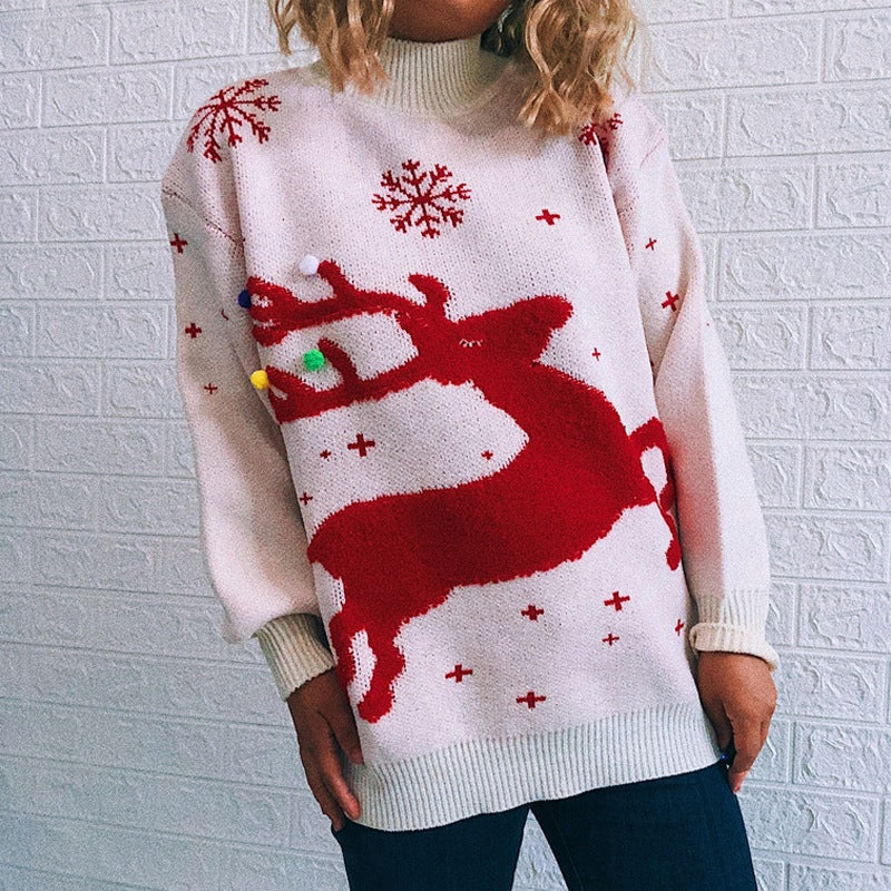 Lockerer Damen-Weihnachtspullover mit Rentier-Motiv