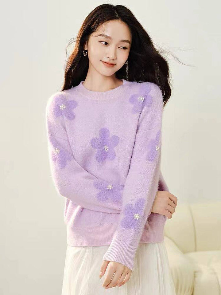 Damen-Strickpullover mit Blumenmuster und Perlenbesatz
