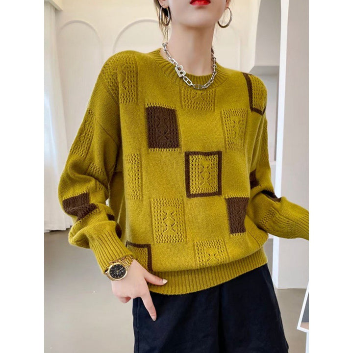 Damen-Strickpullover, kariert, Rundhalsausschnitt