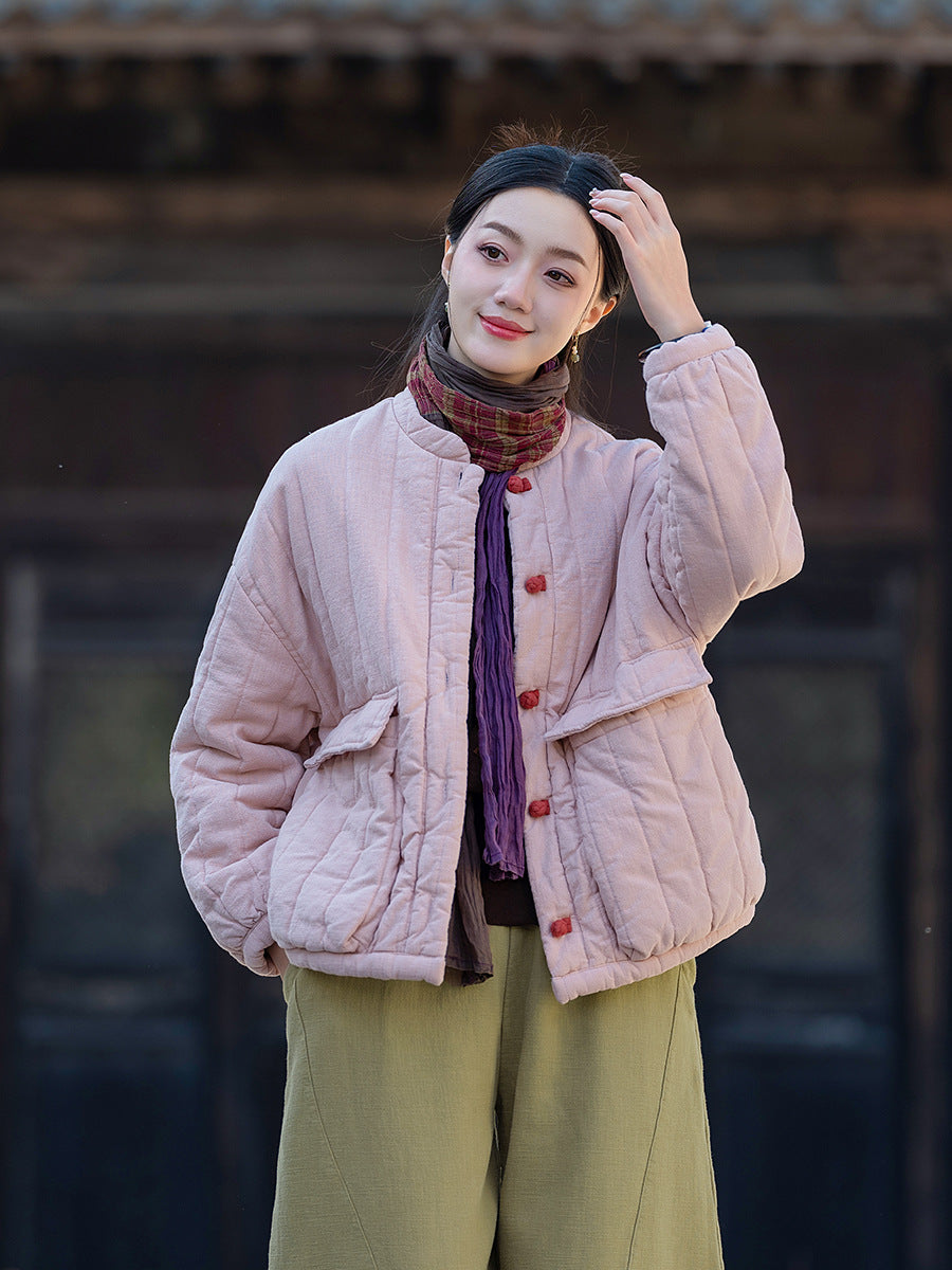 Damen-Steppjacke, Baumwoll-Leinen, Vintage-Stil, Stehkragen