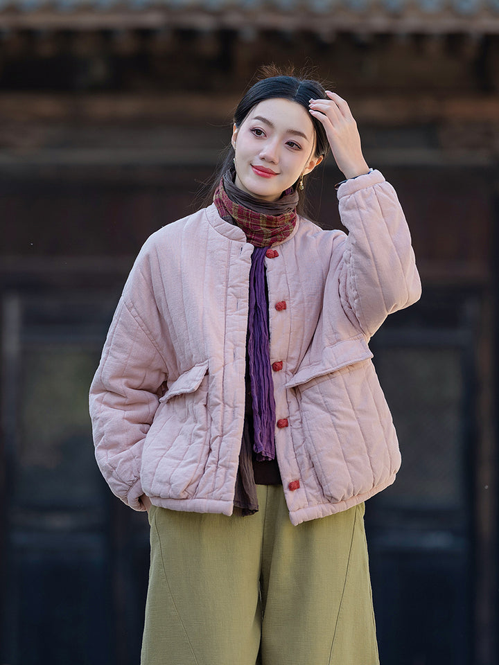 Damen-Steppjacke, Baumwoll-Leinen, Vintage-Stil, Stehkragen