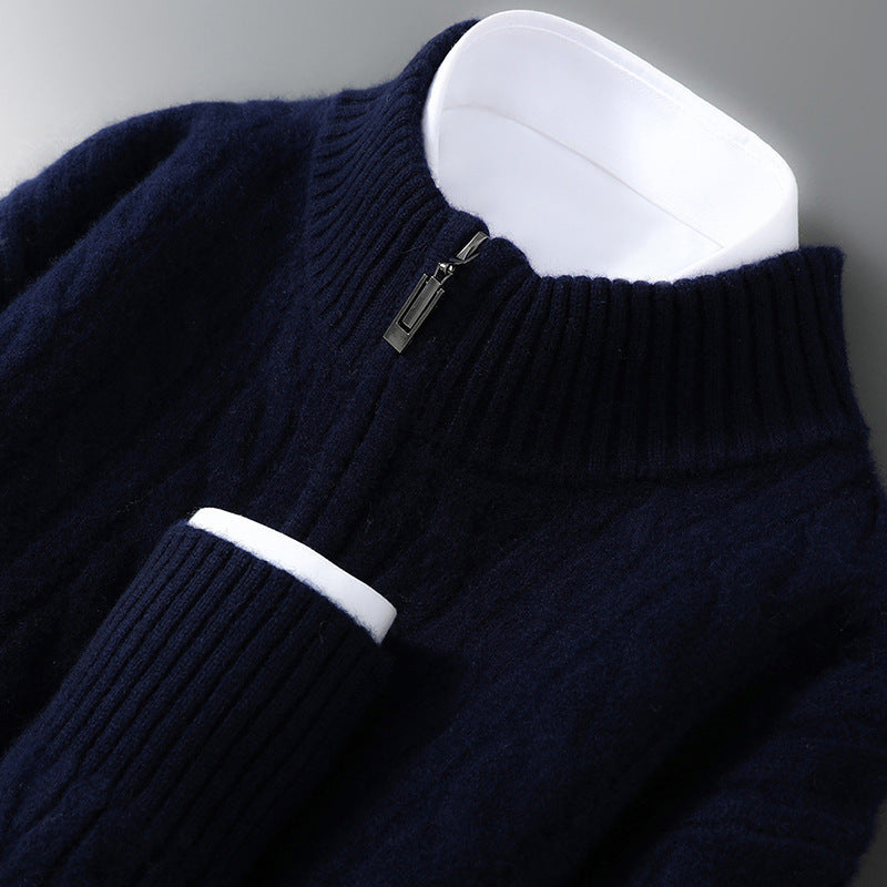 Herren-Wollpullover, 100% Wolle, Reißverschluss, Zopfmuster