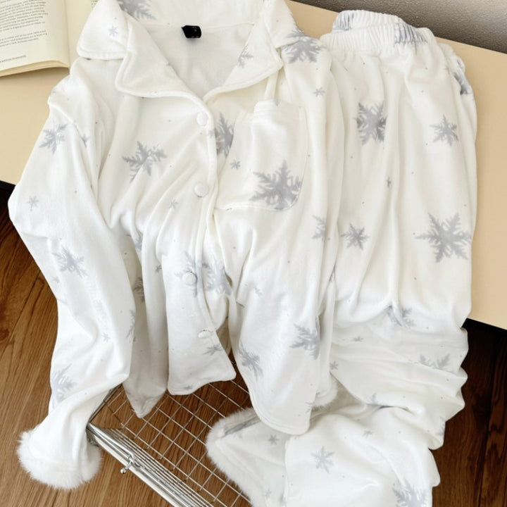 Damen-Pyjama mit Schneeflocken-Design, warmes Insel-Fleece