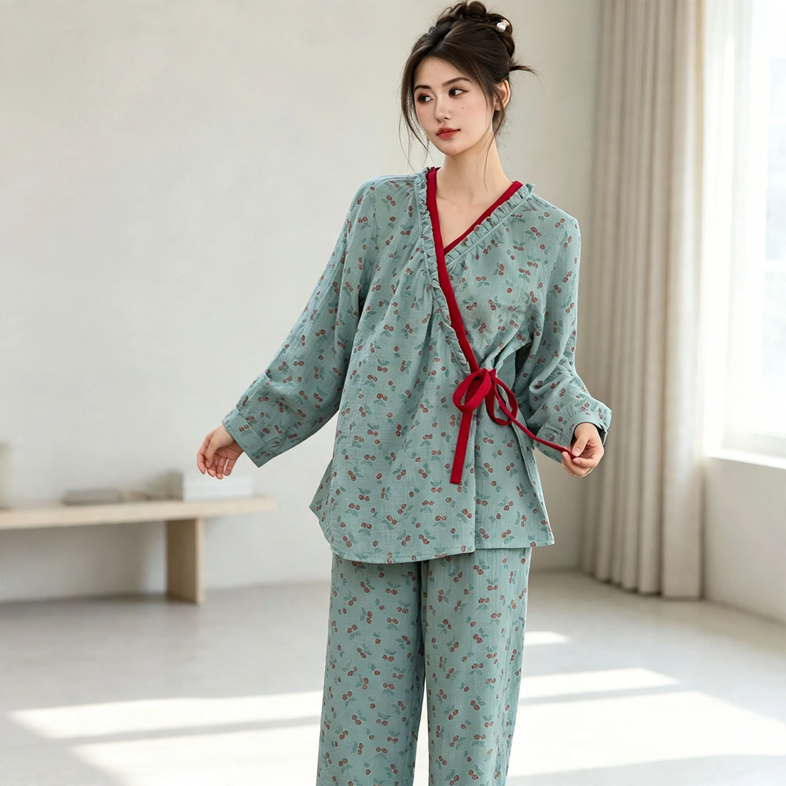 Damen-Pyjama-Set im Kimono-Stil mit Blumenmuster