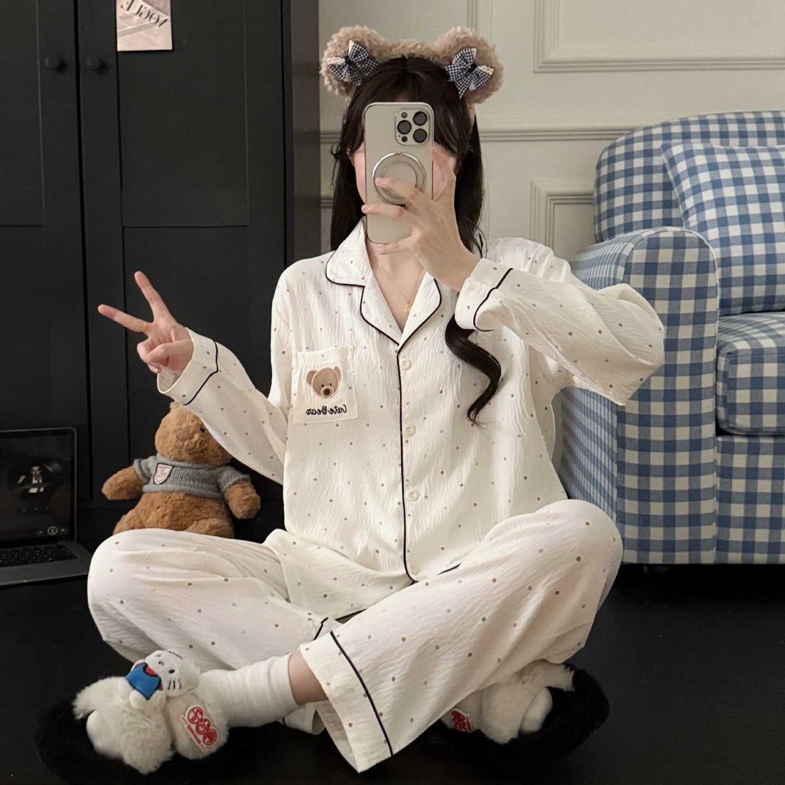 Damen-Pyjama-Set, langärmelig, Baumwolle, für Frühling und Herbst