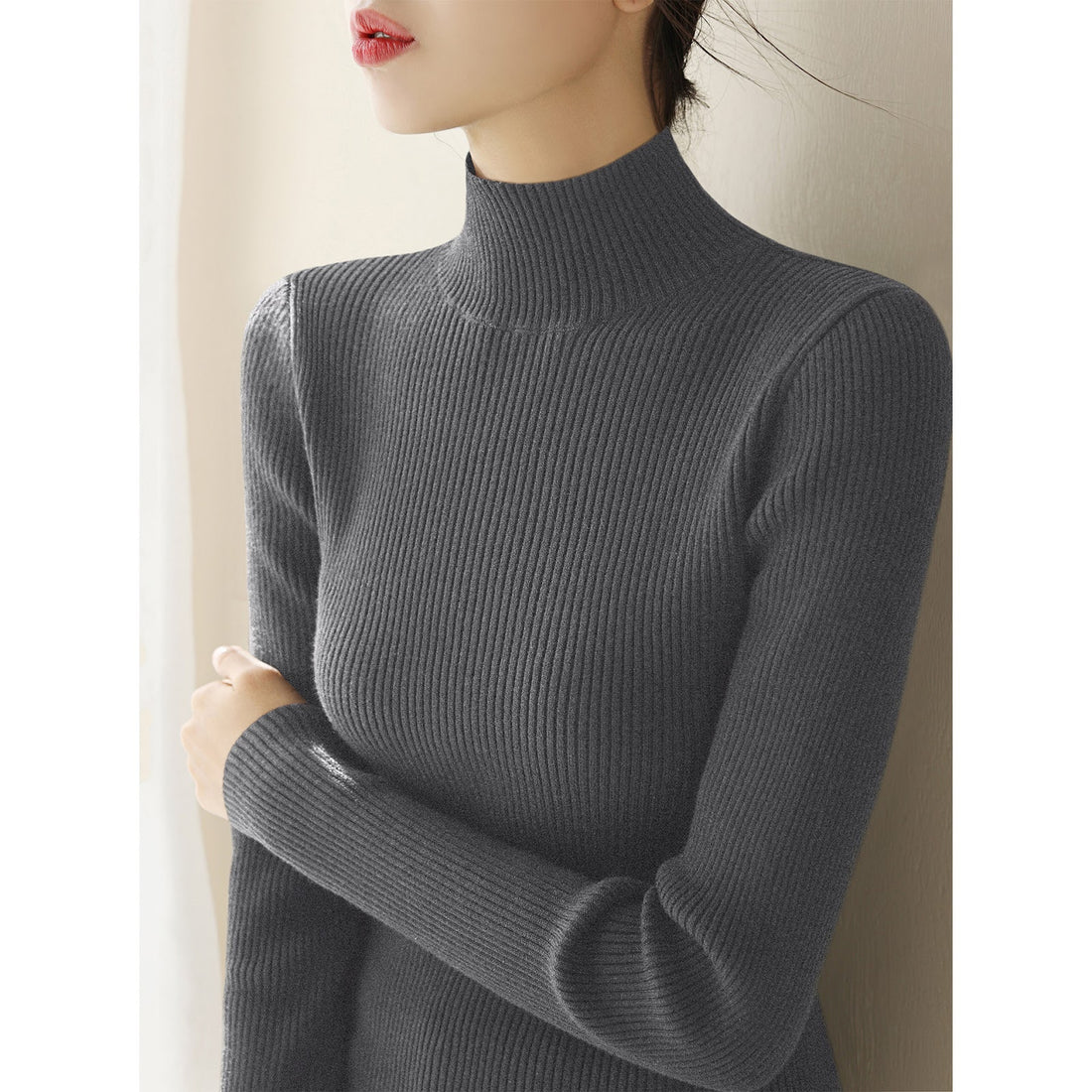 Damen-Strickpullover mit Stehkragen, schmal geschnitten