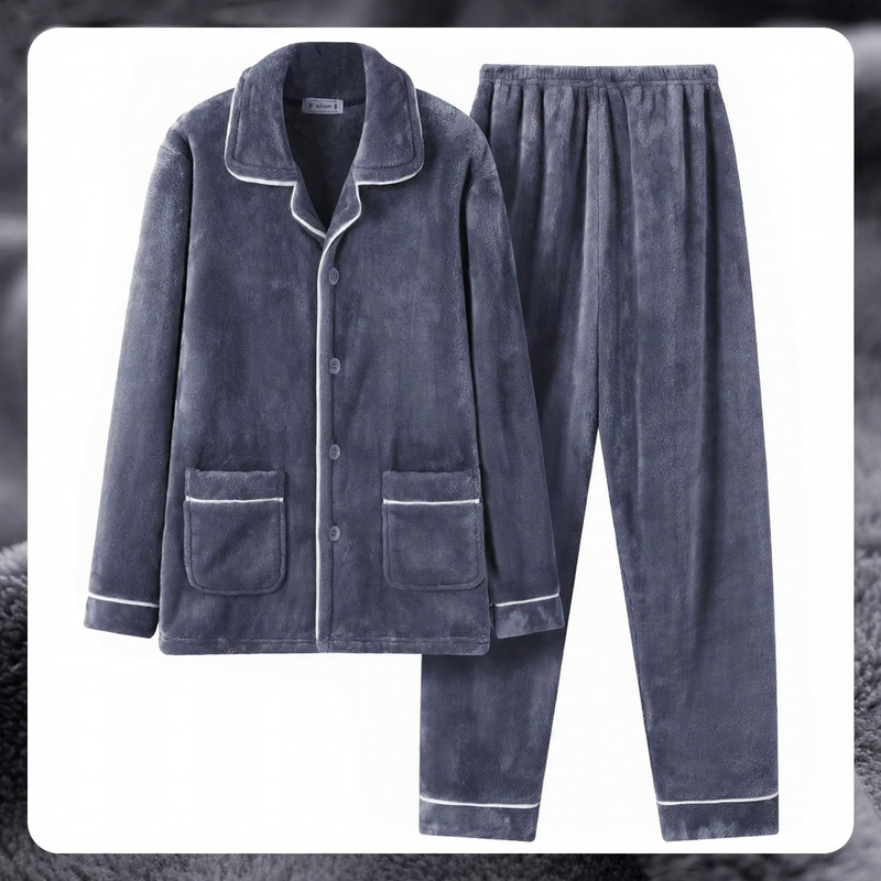 Herren-Pyjama-Set aus Flanell, bestickt, schlicht