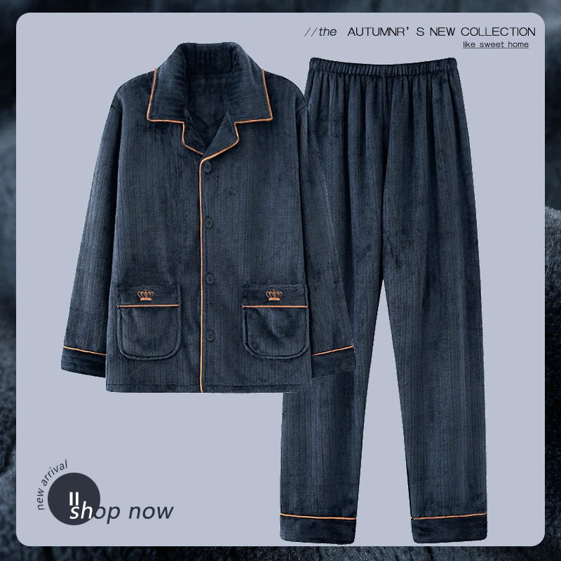 Herren-Pyjama-Set aus Flanell, bestickt, schlicht