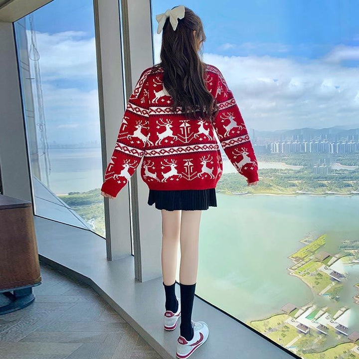 Weihnachtspullover für Damen, Rundhals, Rentier-Motiv, gestrickt