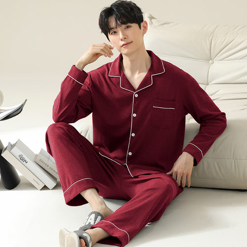 Herren-Pyjama-Set, Baumwolle, langärmelig, schlicht