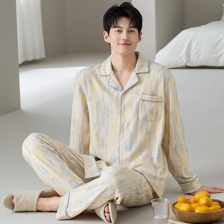 Herren-Pyjama-Set, Baumwolle, gestreift/kariert, Langarm
